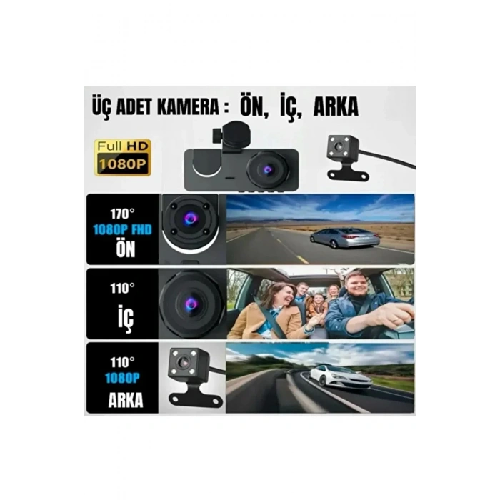 1080p Full Hd Çözünürlüklü Üç Kameralı Araç İçi Kamera - Park Ve Sürüş Güvenliği