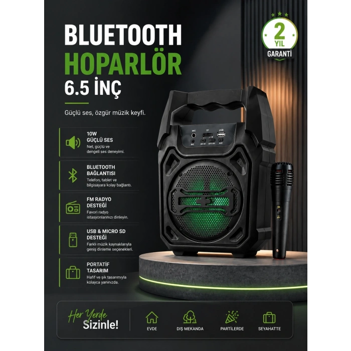 10w Güçlü Ses Performanslı Bluetooth Karaoke Hoparlörü