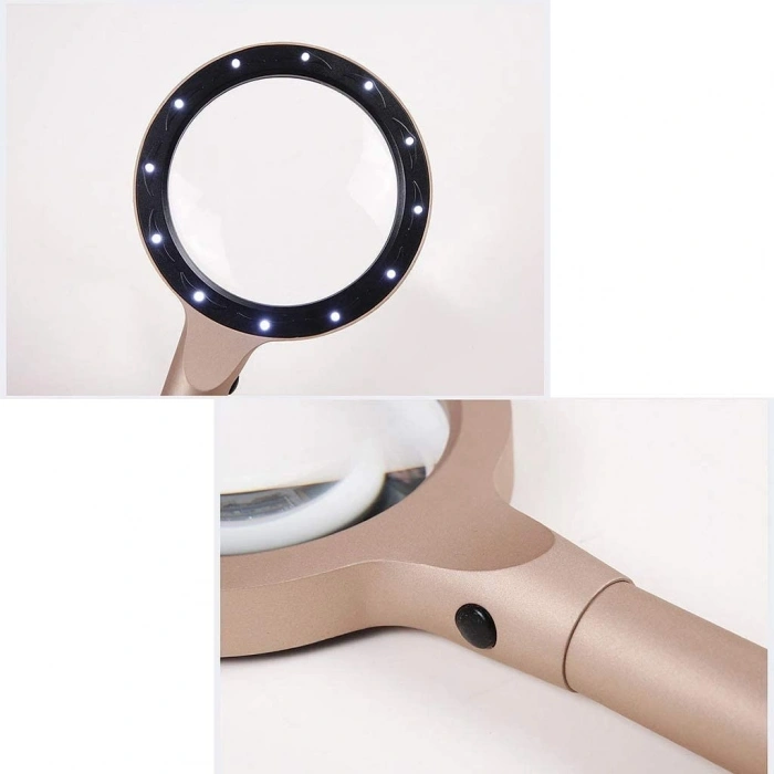 12 Led Işıklı 10x Büyüteç  ,yaşlılar Ve Çocuklar Için Okuma Saplı  Metal Büyüteç 8013