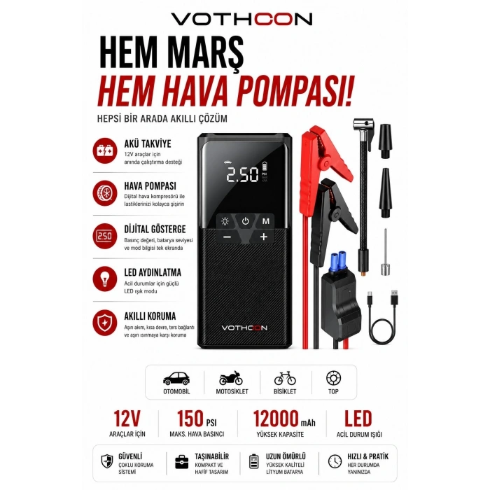 12000 Mah Akıllı Akü Takviye Ve Dijital Hava Pompası Akım Korumalı