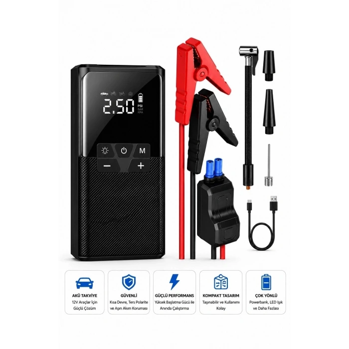 12000 Mah Akıllı Akü Takviye Ve Dijital Hava Pompası Akım Korumalı