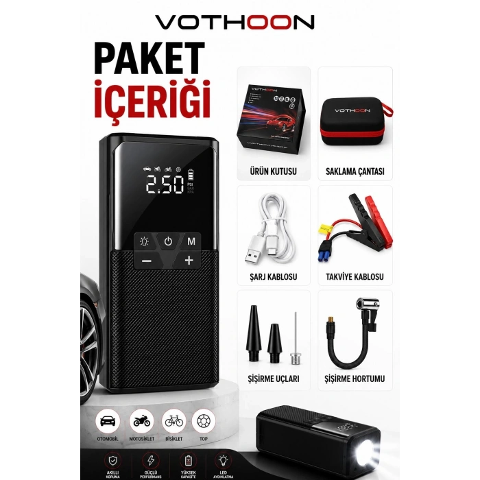 12000 Mah Akıllı Akü Takviye Ve Dijital Hava Pompası Akım Korumalı
