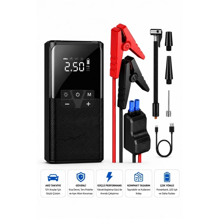 12000 Mah Akıllı Akü Takviye Ve Dijital Hava Pompası Akım Korumalı