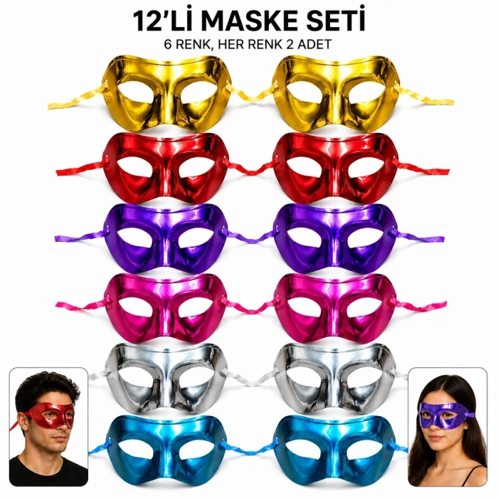 1239li Metalik Venedik Parti Maskesi Seti – 6 Renk Karışık