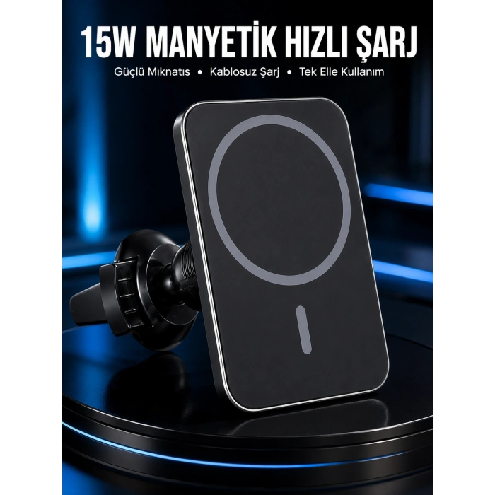 15w Manyetik Araç İçi Kablosuz Şarj Cihazı  Magsafe Uyumlu Telefon Tutucu