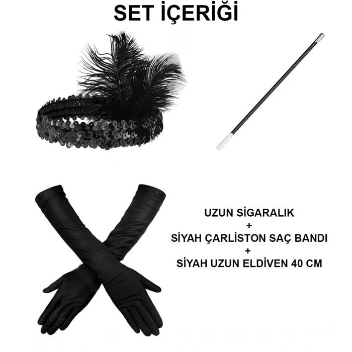 192039ler Gatsby Aksesuar Seti – Siyah Charleston Saç Bandı, Uzun Eldiven  Lık