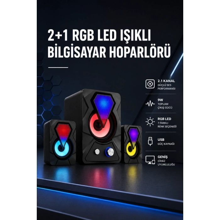 2+1 Rgb Led Işıklı Güçlü Bas Sistemli Bilgisayar Hoparlörü