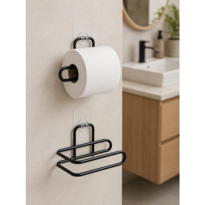 2 Adet Yapışkanlı Wc Kağıtlık Siyah Metal Pratik Duvar Tipi Rulo Tutucu