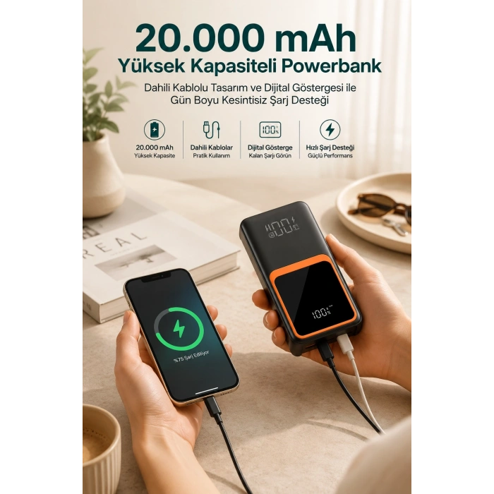20.000 Mah Taşınabilir Şarj Cihazı Dijital Göstergeli Kablolu Powerbank