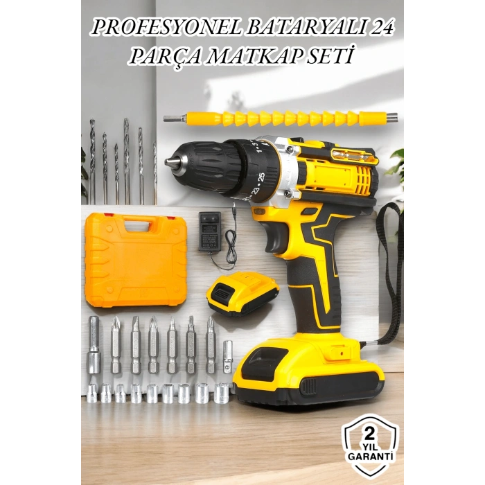 24 Parça Çift Bataryalı Şarjlı Matkap Seti 24w Motor Ve Otomatik Mil Kilitli Tasarım