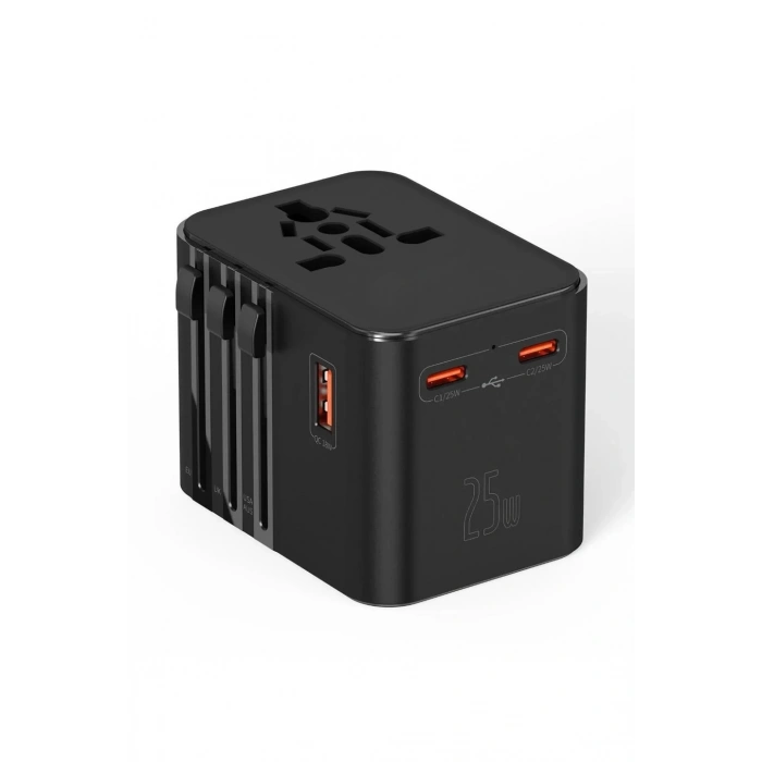 25w Evrensel Seyahat Adaptörü, Eu/us/uk/au Priz Dönüştürücü, 1x Usb, 2x Type-c Hızlı Şarj