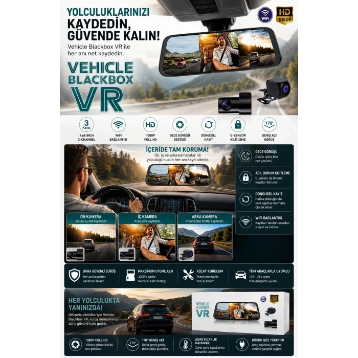 2k Ekran Tam Dokunmatik 9.66” Dikiz Ayna Araç Içi Kamera (1080p Arka)