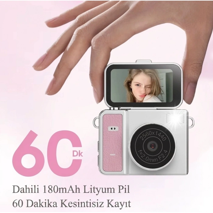 2k Mini Dijital Retro Video Kamera Flaşlı Dijital Vlog Mini Fotoğraf Makinesi Türkçe Menü Bej