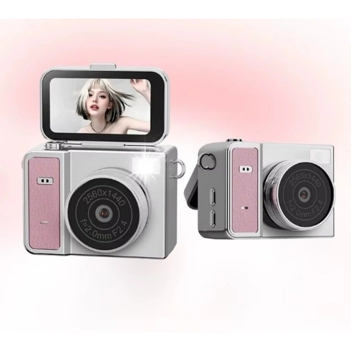 2k Mini Dijital Retro Video Kamera Flaşlı Dijital Vlog Mini Fotoğraf Makinesi Türkçe Menü Pembe
