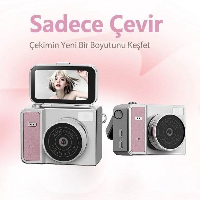2k Mini Dijital Retro Video Kamera Flaşlı Dijital Vlog Mini Fotoğraf Makinesi Türkçe Menü Pembe