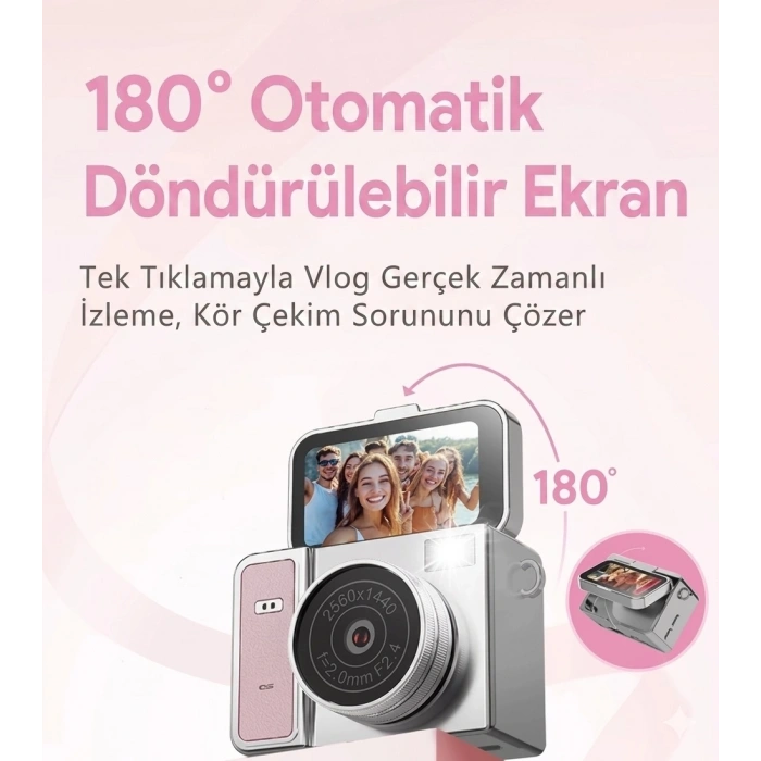 2k Mini Dijital Retro Video Kamera Flaşlı Dijital Vlog Mini Fotoğraf Makinesi Türkçe Menü Pembe