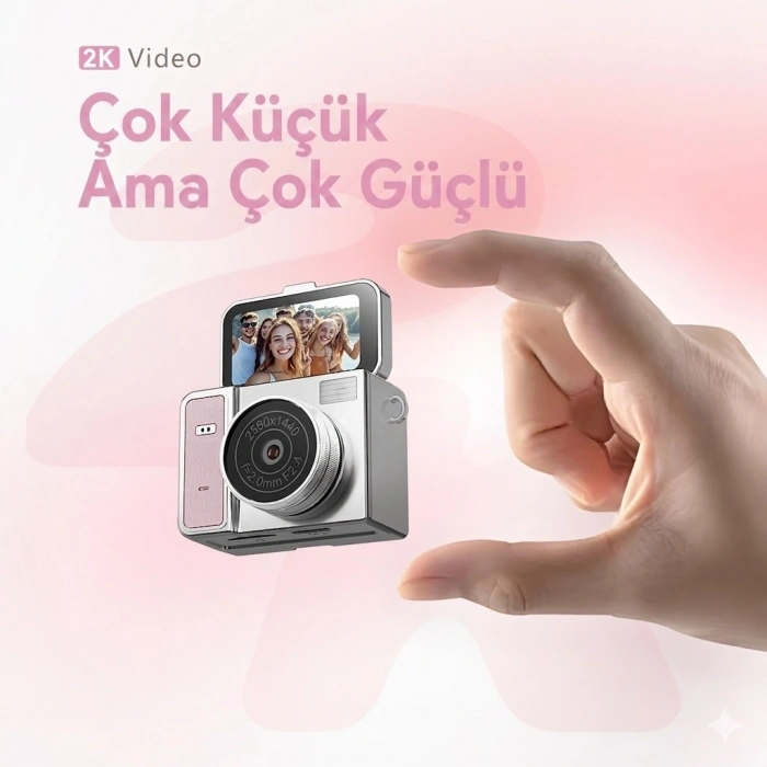 2k Mini Dijital Retro Video Kamera Flaşlı Dijital Vlog Mini Fotoğraf Makinesi Türkçe Menü Pembe