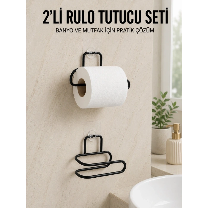 2’li Yapışkanlı Tuvalet Kağıdı Tutucu Siyah Metal Duvar Tipi Rulo Kağıtlık