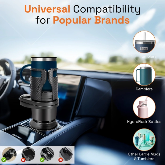 2’si 1 Arada Ayarlanabilir Araç Bardak Tutucu, Genişleyebilir Üst Kısım 3”-6.2”, Şişe Adaptörü, Araba Organizatörü, Dayanıklı Taban, Ramblers Hydroflask Uyumlu, Modern Araç Düzenleyic