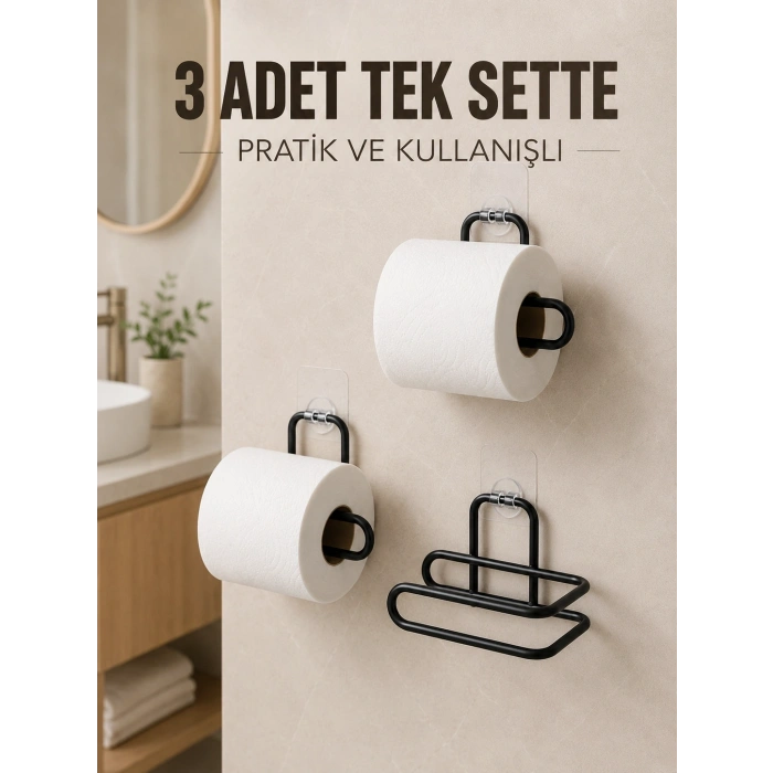 3 Adet Siyah Rulo Kağıt Tutucu Yapışkanlı Duvar Tipi Pratik Kağıtlık Seti