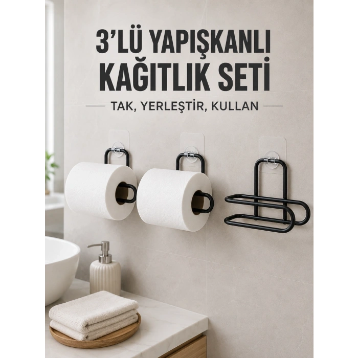 3 Adet Yapışkanlı Rulo Tutucu Siyah Metal Tuvalet Kağıdı Askısı