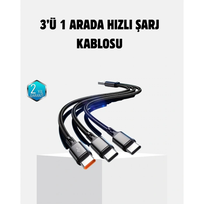 3 Başlıklı Hızlı Şarj Kablosu Metal Alaşımlı Dayanıklı Ve Akıllı Çipli
