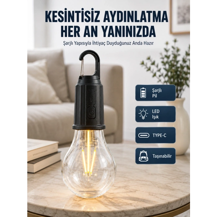 3 Farklı Mod Ledli Şarjlı Asma Kancalı Kamp Lambası Taşınabilir Ampul