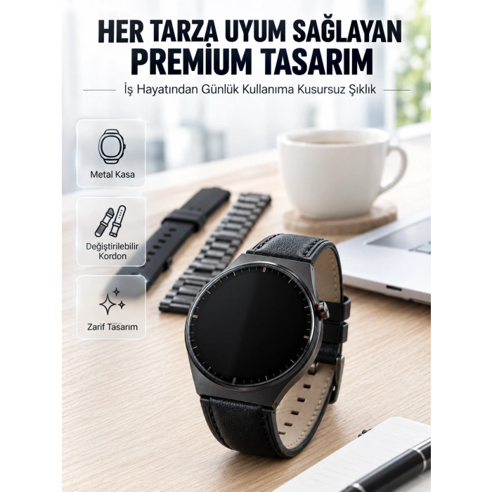 3 Kordonlu Amoled Ekran Bluetooth Aramalı Akıllı Saat Metal, Deri Ve Silikon Kordon Seti