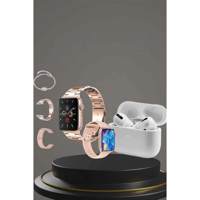 3 Kordonlu Pembe Amoled Ekran Akıllı Saat Ve Yeni Nesil Pro Kablosuz Bluetooth Kulaklık Anc/enc