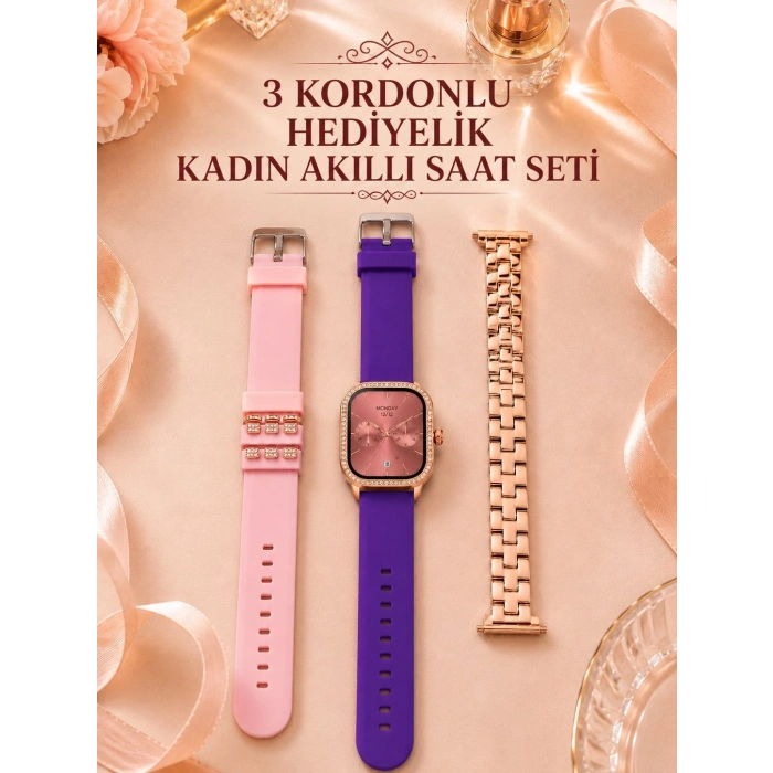 3 Kordonlu Rose Gold Kasalı Kadın Akıllı Saat Seti
