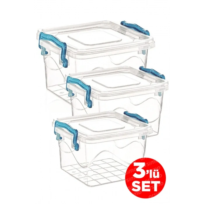 3lü Kare Kelepçeli Şeffaf Saklama Kabı Seti | Kapaklı Saklama Kabı Set 2.4 Lt - 1.2 Lt - 550 Ml-82111 (599)
