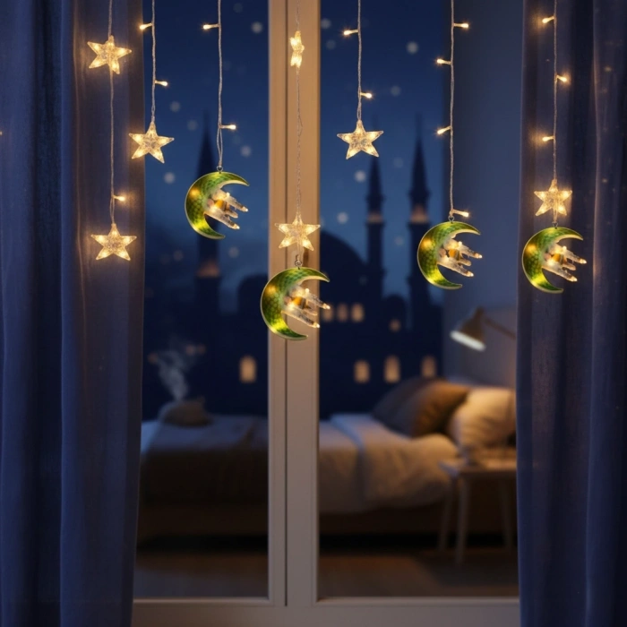 3 Mt Fişli Yeşil Hilal Cami Yıldız Ramazan Perde Led