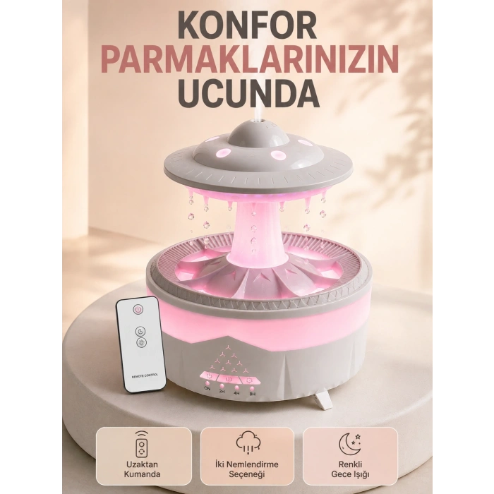 350 Ml Ufo Tasarımlı Ultrasonik Hava Nemlendirici Yağmur Efektli Gece Lambası