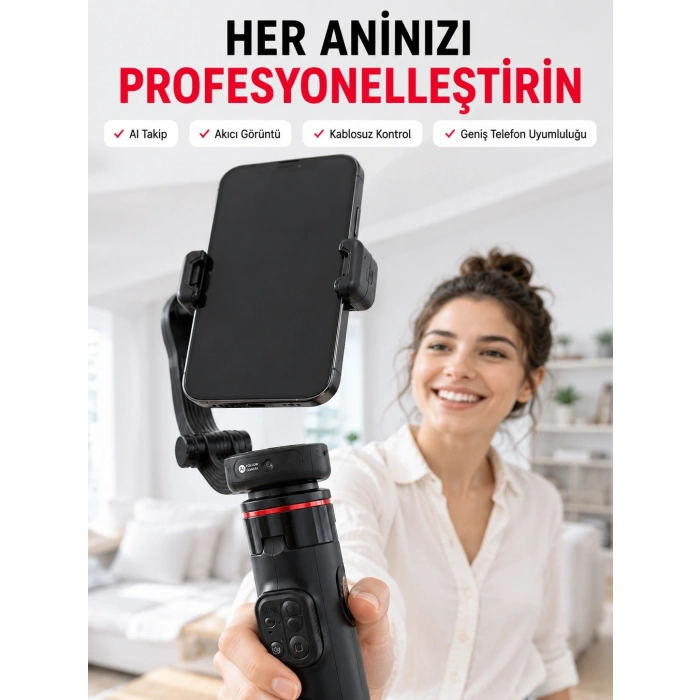 360° Aı Akıllı Takipli Selfie Stick Gimbal Stabilizatör Bluetooth Kumandalı Uzayabilir Telefon Tripodu