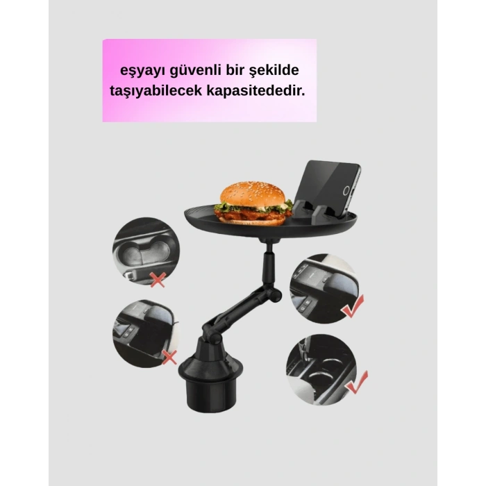 360° Döner Araç Bardaklık Tepsisi Geniş Yemek Alanlı Telefon Standlı