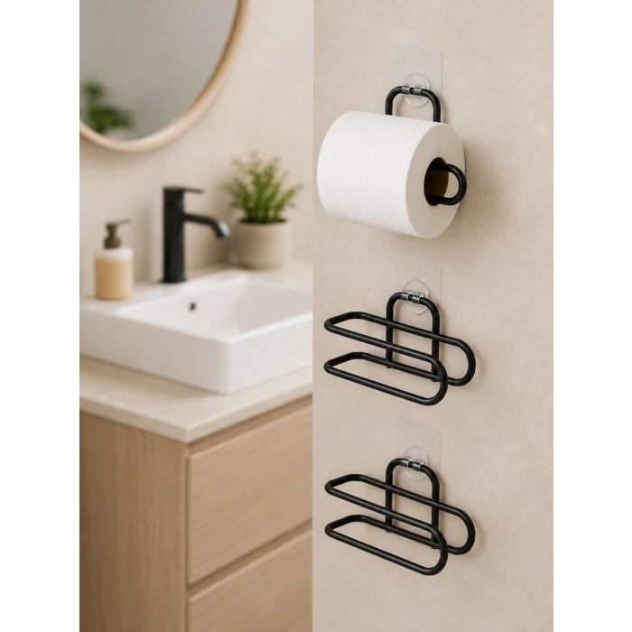 3’lü Yapışkanlı Wc Kağıtlığı Siyah Rulo Tutucu Banyo Ve Mutfak Kullanımı