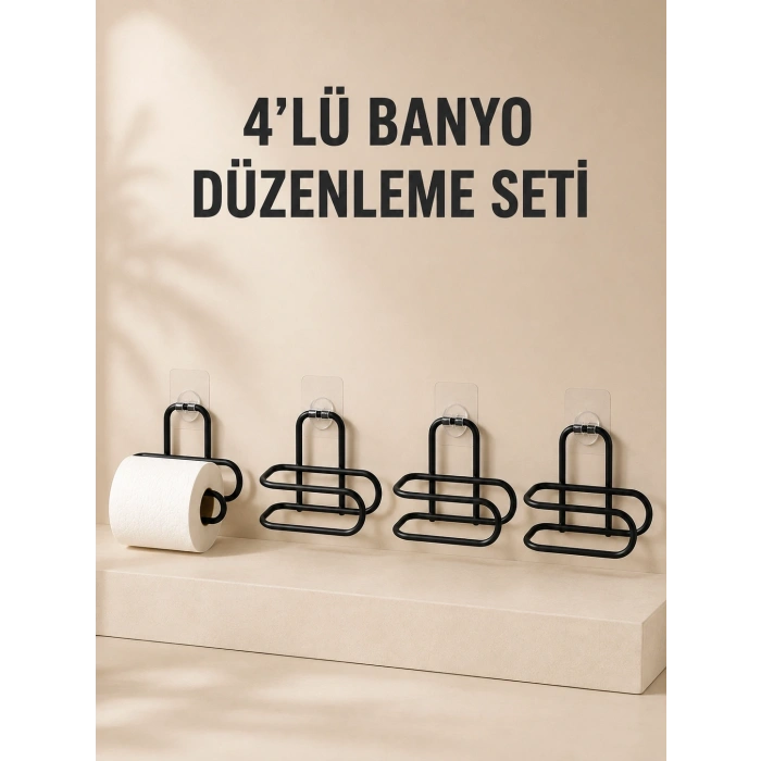 4 Adet Yapışkanlı Tuvalet Kağıdı Askısı Siyah Metal Delmeden Duvara Monte Wc Kağıtlık