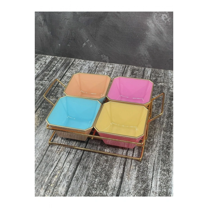 4 Bölmeli Gold Standlı Cam Kahvaltılık Çerezlik Sunumluk Renkli (599)