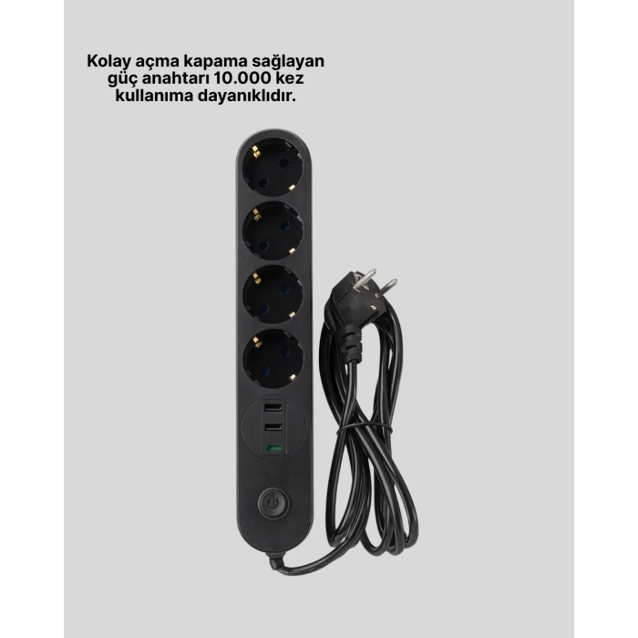 4 Priz 2 Usb 1 Type-c Akım Korumalı Çoklu Priz Led Anahtarlı