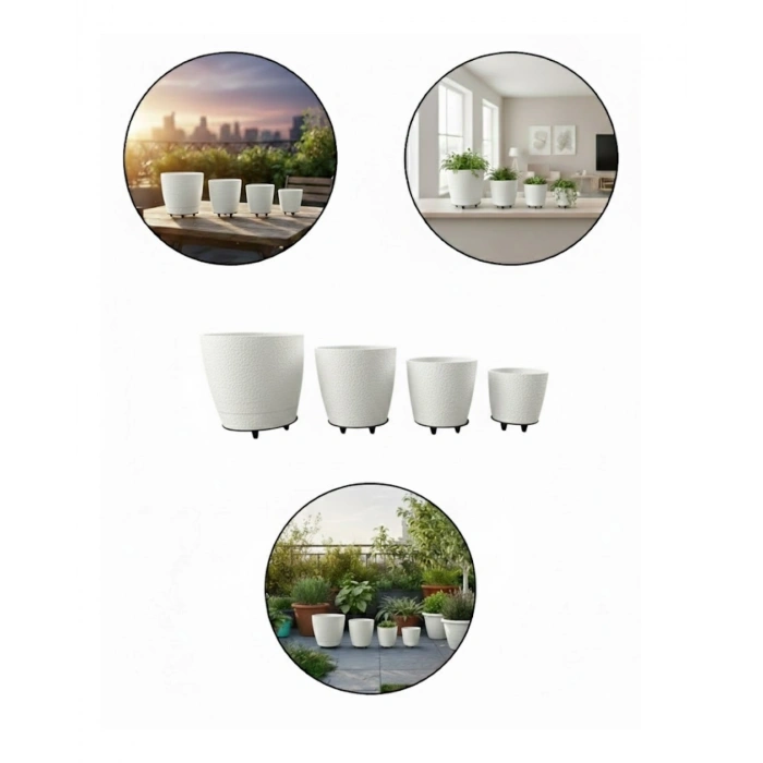 4’lü 3d Şık Beyaz Saksı Seti Modern Ayaklı Dekoratif Vazo