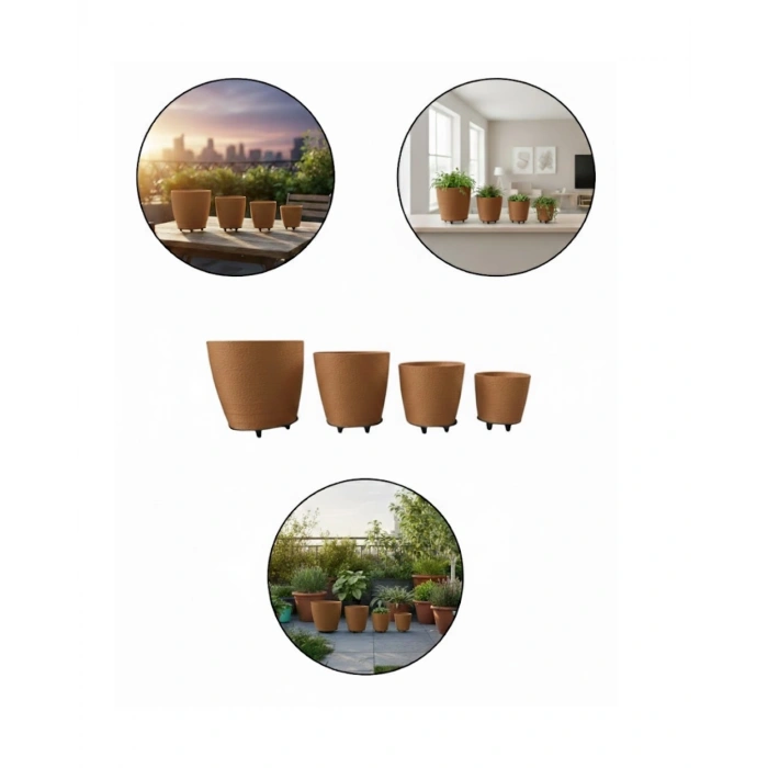 4’lü 3d Şık Kahverengi Vazo Seti Modern Ayaklı Saksı