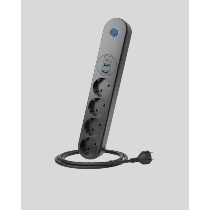 4’lü Çoklu Priz 2 Usb Type-c Girişli Akım Korumalı Siyah