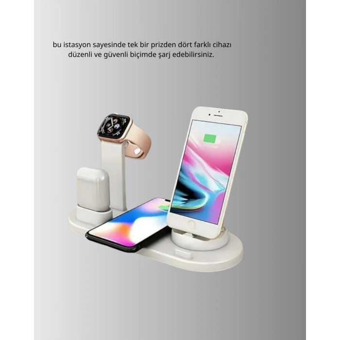 4’lü Kablosuz Şarj Standı İphone Watch Ve Airpods Çoklu Şarjlı