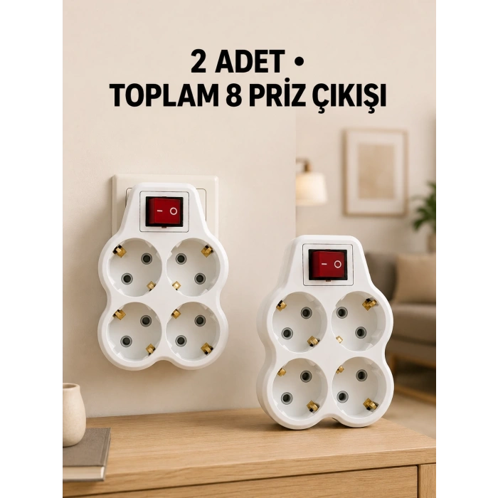 4’lü Priz Çoğaltıcı 2 Adet Set Kablosuz Duvar Tipi Anahtarlı Priz Çoklayıcı