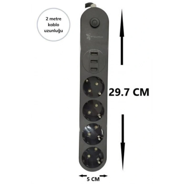4lü Siyah Anahtarlı 3 Usb Li Akım Korumalı Topraklı Çocuk Korumalı Grup Priz 2 Metre