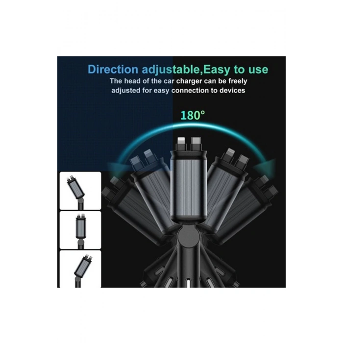 4’ü 1 Arada Çift Usb Bağlantı Çakmaklık, Type-c Hızlı Şarjlı 66w,geri Çekilebilir Araç Telefon Şarj Cihazı