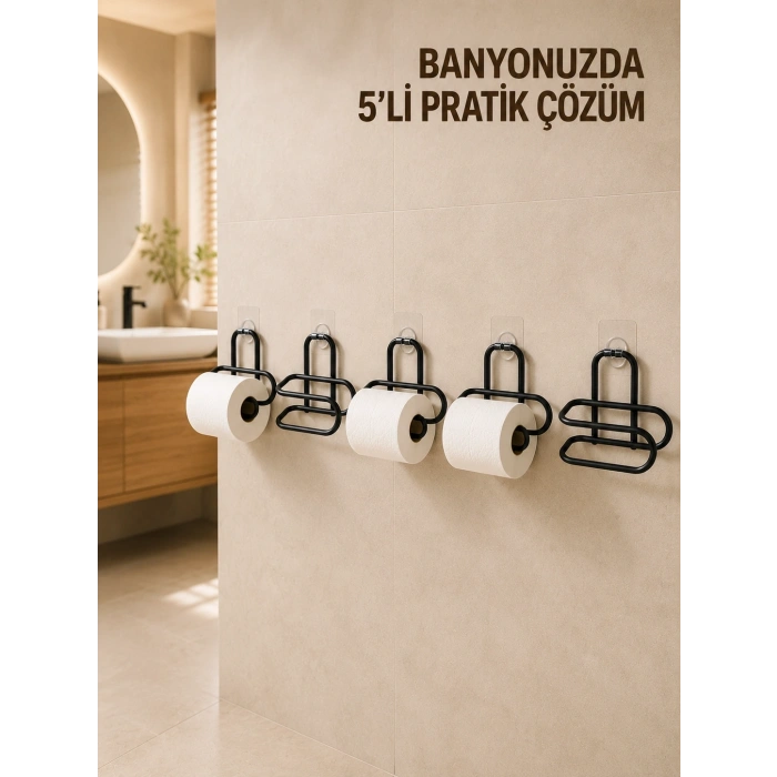 5 Adet Duvara Yapışkanlı Wc Kağıtlık Delmeden Montaj Siyah Metal Tuvalet Kağıdı Askısı