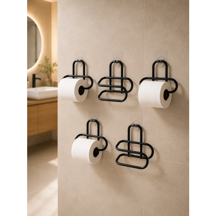 5 Adet Duvara Yapışkanlı Wc Kağıtlık Delmeden Montaj Siyah Metal Tuvalet Kağıdı Askısı