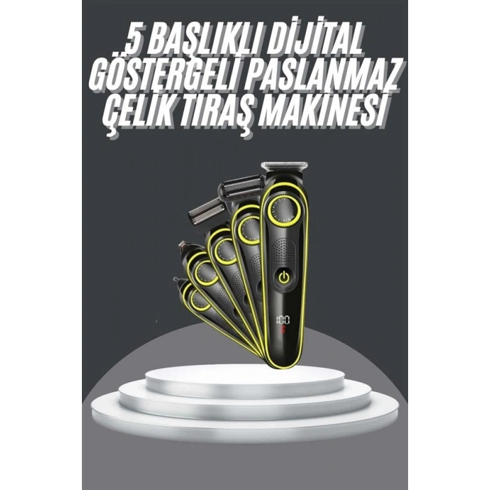 5 Başlıklı Şarjlı Tıraş Makinesi Led Ekran Saç Sakal Ense Tıraşına Uygun Bakım Seti