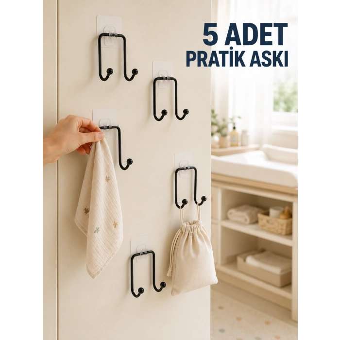 5li Duvar Tipi Yapışkanlı Askı Pratik Ev Ve Yaşam Alanı Askılık Seti